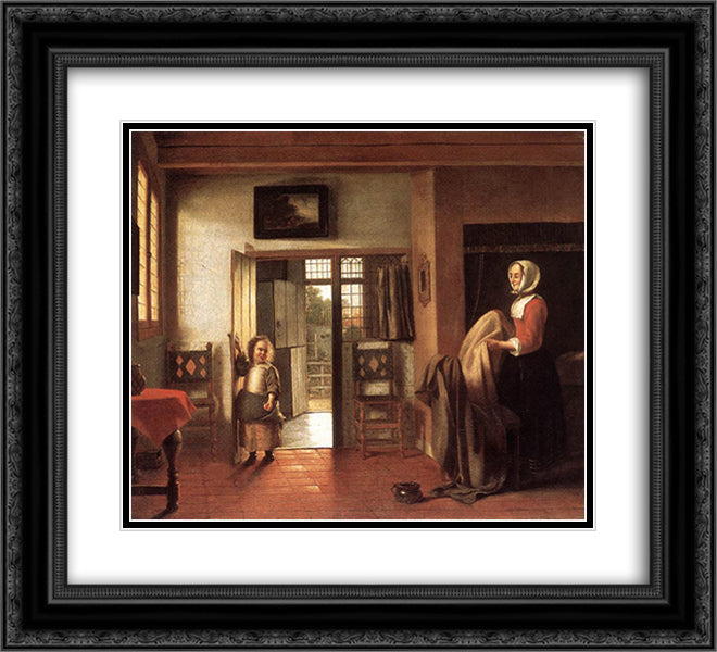 The Bedroom 22x20 Black Ornate Wood Framed Art Print Poster with Double Matting by Hooch, Pieter de