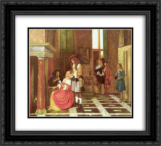 The Card Players 22x20 Black Ornate Wood Framed Art Print Poster with Double Matting by Hooch, Pieter de