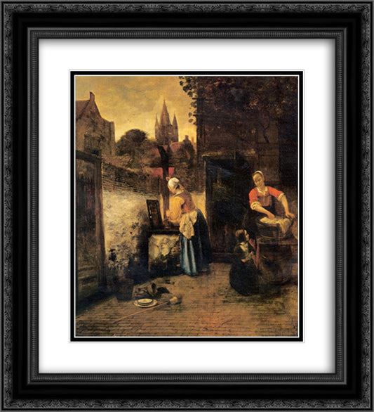 Two women with a child in court 20x22 Black Ornate Wood Framed Art Print Poster with Double Matting by Hooch, Pieter de