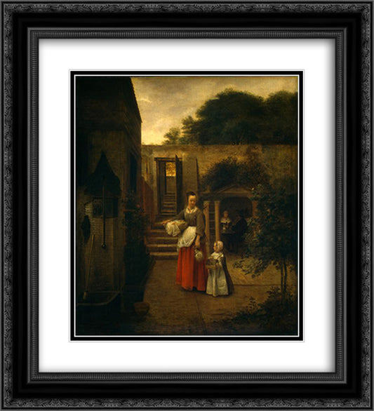 Woman and Child in a Courtyard 20x22 Black Ornate Wood Framed Art Print Poster with Double Matting by Hooch, Pieter de