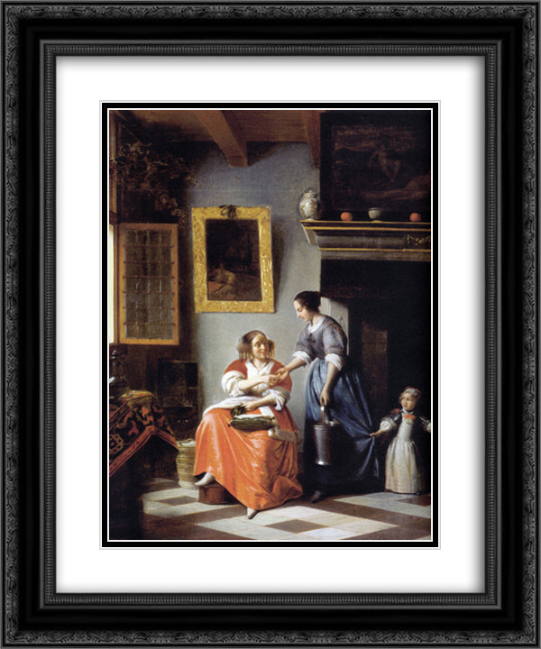 Woman hands over money to her servant 20x24 Black Ornate Wood Framed Art Print Poster with Double Matting by Hooch, Pieter de