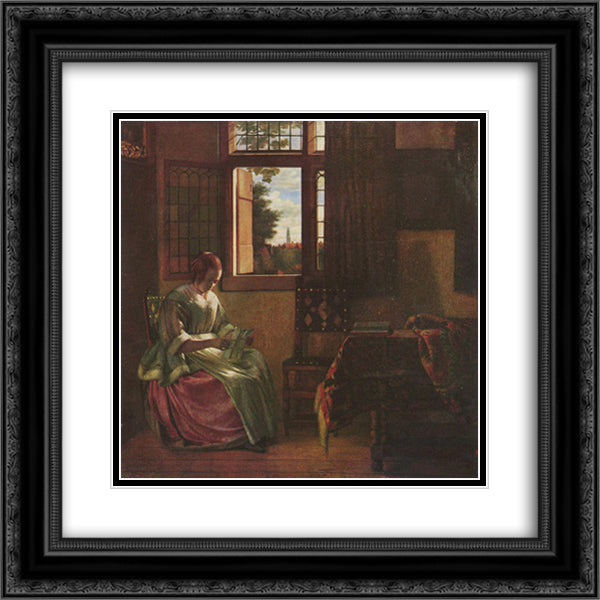 Woman Reading a Letter 20x20 Black Ornate Wood Framed Art Print Poster with Double Matting by Hooch, Pieter de