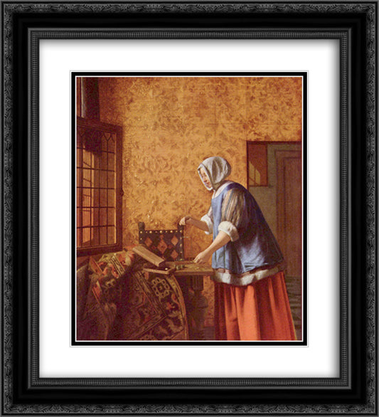 Woman weighing gold coins 20x22 Black Ornate Wood Framed Art Print Poster with Double Matting by Hooch, Pieter de