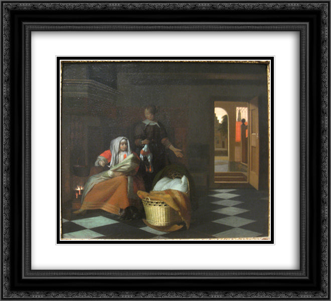 Woman with a Child and a Maid in an Interior 22x20 Black Ornate Wood Framed Art Print Poster with Double Matting by Hooch, Pieter de