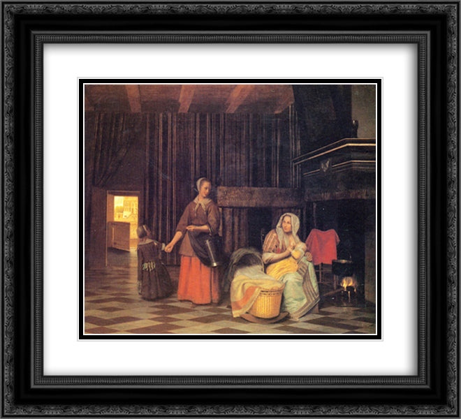 Woman with infant, serving maid with child 22x20 Black Ornate Wood Framed Art Print Poster with Double Matting by Hooch, Pieter de