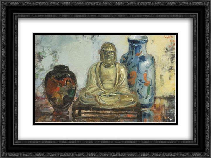 Buddha with two vases 24x18 Black Ornate Wood Framed Art Print Poster with Double Matting by Wenning, Pieter