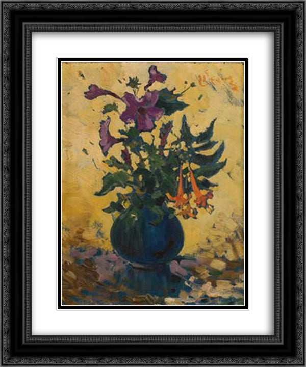 Still Life with Hibiscus and Fuchsias 20x24 Black Ornate Wood Framed Art Print Poster with Double Matting by Wenning, Pieter