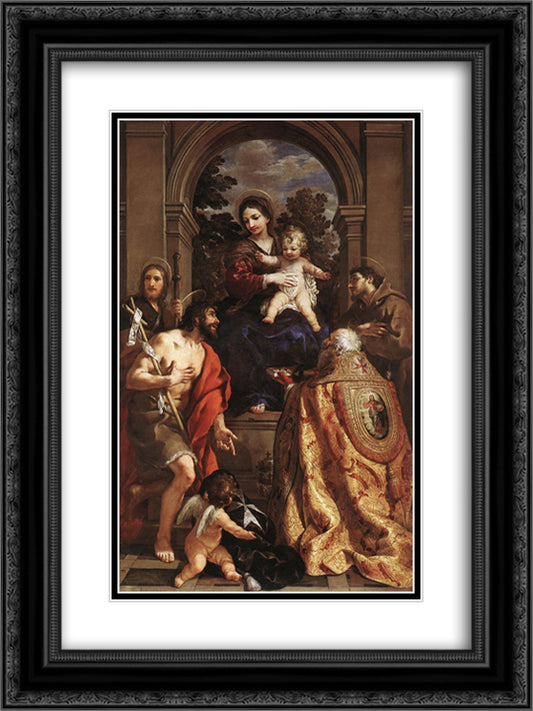 Madonna and Saints 18x24 Black Ornate Wood Framed Art Print Poster with Double Matting by Cortona, Pietro da