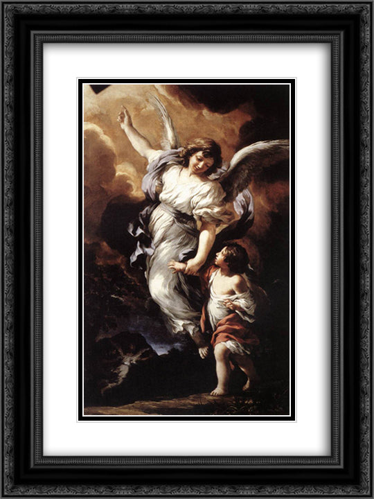 The Guardian Angel 18x24 Black Ornate Wood Framed Art Print Poster with Double Matting by Cortona, Pietro da