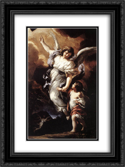 The Guardian Angel 18x24 Black Ornate Wood Framed Art Print Poster with Double Matting by Cortona, Pietro da
