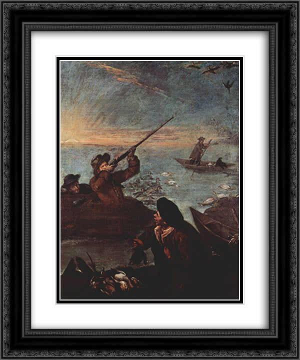 Hunters Shooting at Ducks 20x24 Black Ornate Wood Framed Art Print Poster with Double Matting by Longhi, Pietro