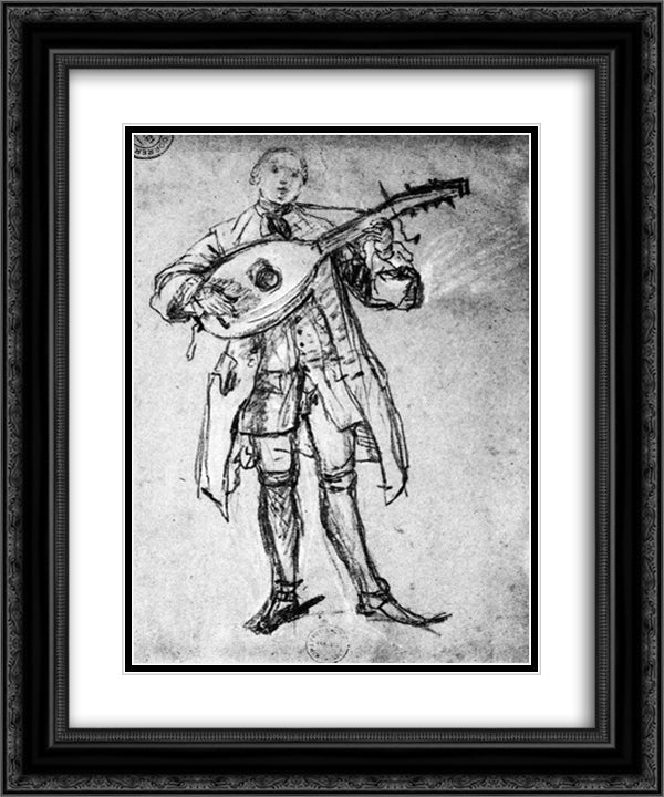 Lute Player 20x24 Black Ornate Wood Framed Art Print Poster with Double Matting by Longhi, Pietro