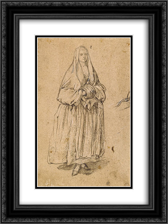 Standing Woman Holding a Muff Facing Right 18x24 Black Ornate Wood Framed Art Print Poster with Double Matting by Longhi, Pietro