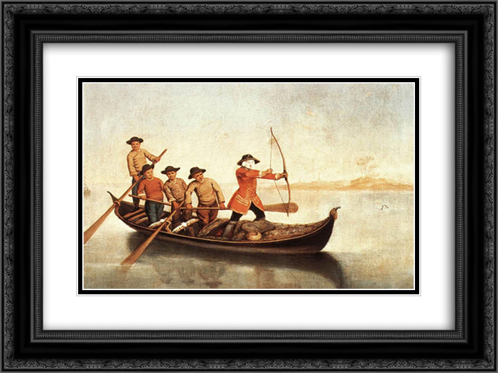The Duck Hunt 24x18 Black Ornate Wood Framed Art Print Poster with Double Matting by Longhi, Pietro
