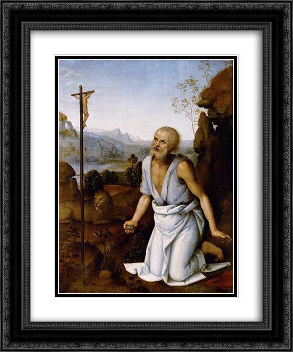 Bender St .Jerome 20x24 Black Ornate Wood Framed Art Print Poster with Double Matting by Perugino, Pietro