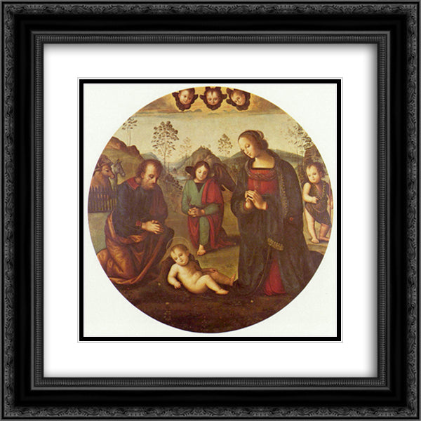 Birth of Christ, Tondo 20x20 Black Ornate Wood Framed Art Print Poster with Double Matting by Perugino, Pietro