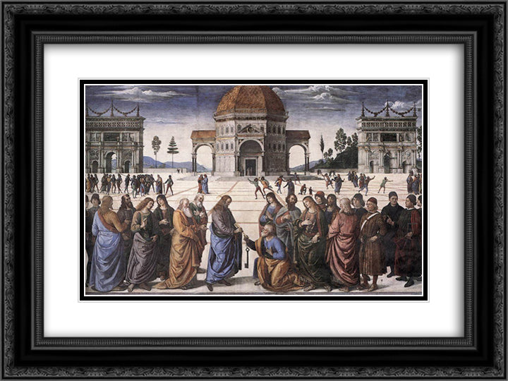 Christ Handing the Keys to St. Peter  24x18 Black Ornate Wood Framed Art Print Poster with Double Matting by Perugino, Pietro