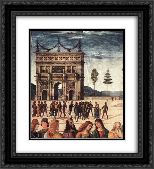 Christ Handing the Keys to St. Peter (detail 2) 20x22 Black Ornate Wood Framed Art Print Poster with Double Matting by Perugino, Pietro