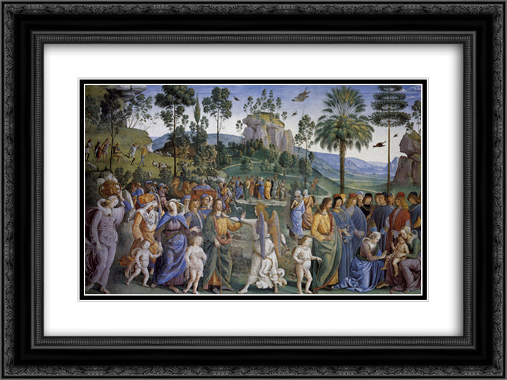 Journey of Moses and circumcision of her second child 24x18 Black Ornate Wood Framed Art Print Poster with Double Matting by Perugino, Pietro