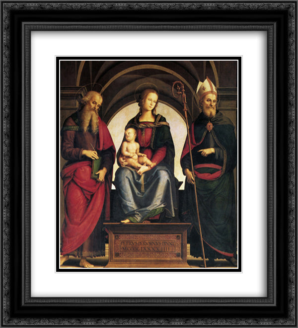 Lady in throne with Child between the saints and John Augustine 20x22 Black Ornate Wood Framed Art Print Poster with Double Matting by Perugino, Pietro