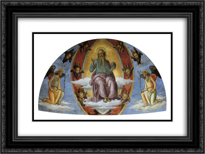 Lord in Glory with Angels. Annunciation 24x18 Black Ornate Wood Framed Art Print Poster with Double Matting by Perugino, Pietro