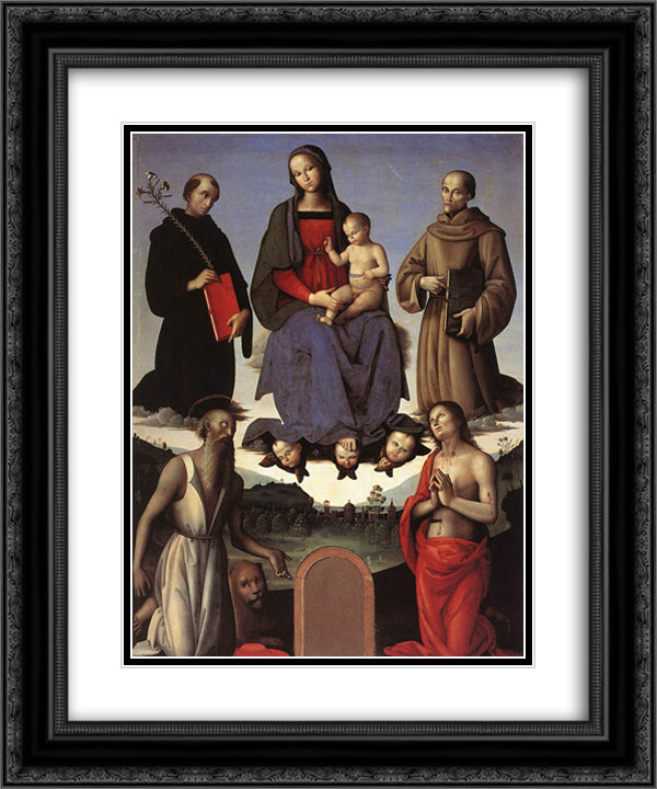 Madonna and Child with Four Saints (Tezi Altarpiece) 20x24 Black Ornate Wood Framed Art Print Poster with Double Matting by Perugino, Pietro