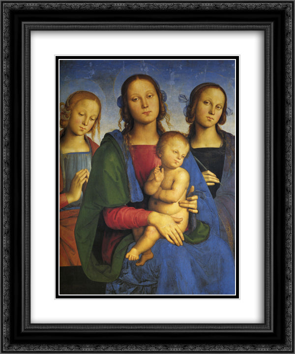 Madonna and Child with St. Catherine and St. Rosa 20x24 Black Ornate Wood Framed Art Print Poster with Double Matting by Perugino, Pietro