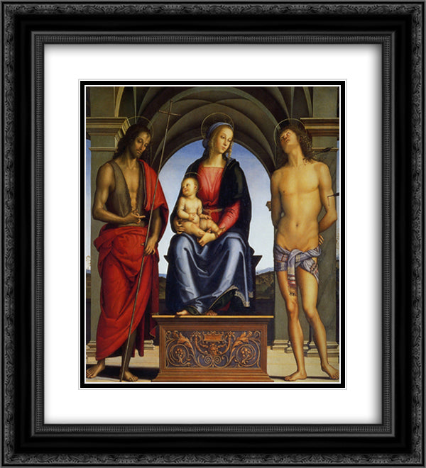 Madonna and Child with St. John the Baptist and St. Sebastian 20x22 Black Ornate Wood Framed Art Print Poster with Double Matting by Perugino, Pietro