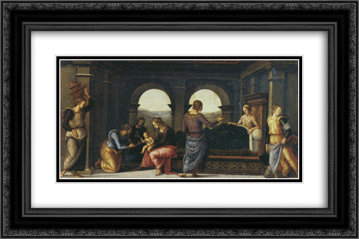 Pala di Fano (Nativity of Mary) 24x16 Black Ornate Wood Framed Art Print Poster with Double Matting by Perugino, Pietro