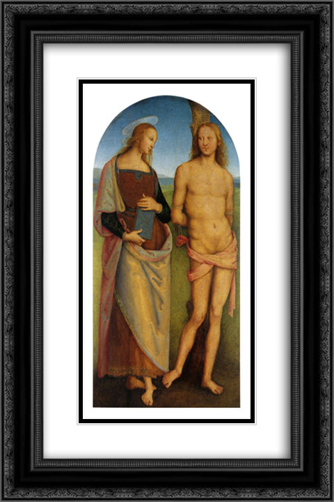 Pala di Sant Agostino (Sant Irene and St. Sebastian) 16x24 Black Ornate Wood Framed Art Print Poster with Double Matting by Perugino, Pietro