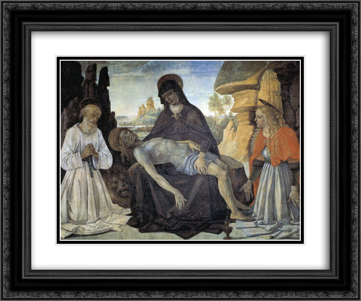 Pieta with St. Jerome and Santa Maria Magdalena 24x20 Black Ornate Wood Framed Art Print Poster with Double Matting by Perugino, Pietro