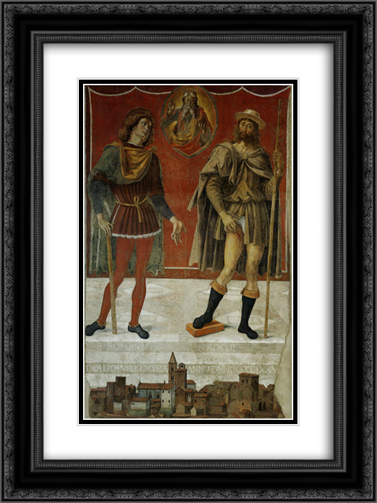 Saints Rocco and Romanee in the view of the town Deruta 18x24 Black Ornate Wood Framed Art Print Poster with Double Matting by Perugino, Pietro