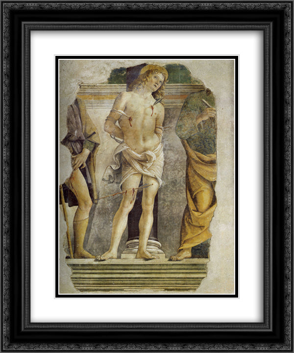 St. Sebastian and pieces of figure of St. Rocco and St. Peter 20x24 Black Ornate Wood Framed Art Print Poster with Double Matting by Perugino, Pietro