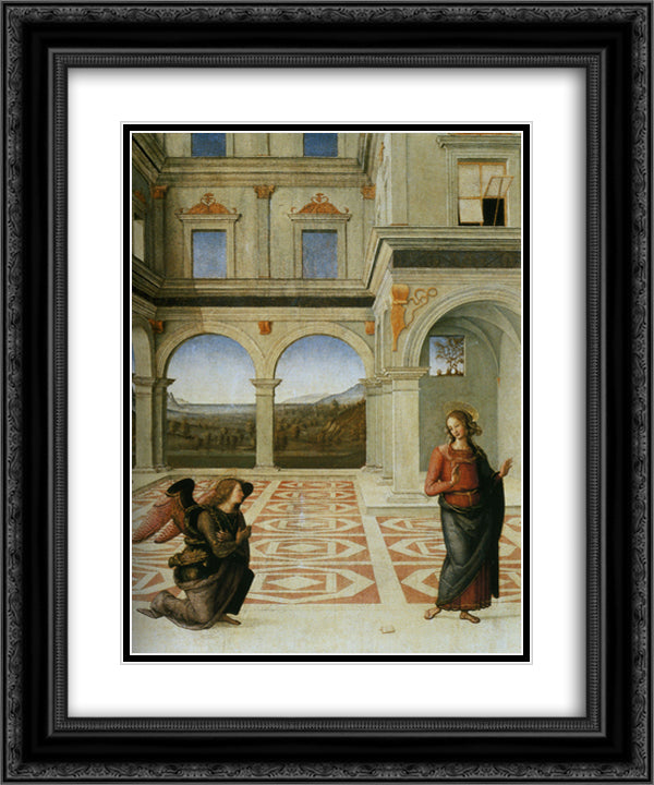 The Annunciation 20x24 Black Ornate Wood Framed Art Print Poster with Double Matting by Perugino, Pietro