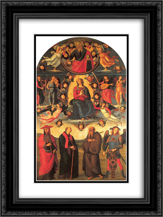 The Virgin enthroned, with angels and saints, Vallombrosa Alterpiece 18x24 Black Ornate Wood Framed Art Print Poster with Double Matting by Perugino, Pietro