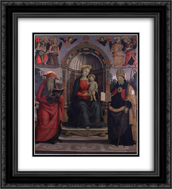 Virgin and St. Jerome and St.Augustine 20x22 Black Ornate Wood Framed Art Print Poster with Double Matting by Perugino, Pietro