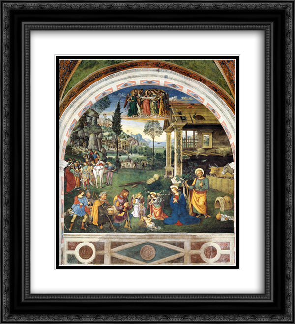 The Adoration of the Shepherds 20x22 Black Ornate Wood Framed Art Print Poster with Double Matting by Pinturicchio