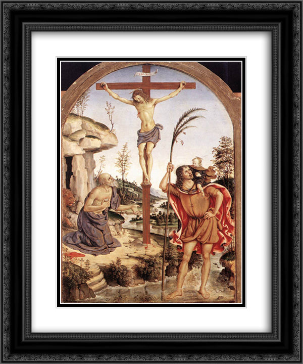 The Crucifixion with Sts. Jerome and Christopher 20x24 Black Ornate Wood Framed Art Print Poster with Double Matting by Pinturicchio