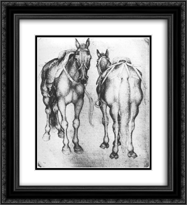 Horses 20x22 Black Ornate Wood Framed Art Print Poster with Double Matting by Pisanello