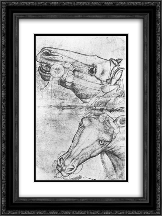 Study of Horse Heads 18x24 Black Ornate Wood Framed Art Print Poster with Double Matting by Pisanello