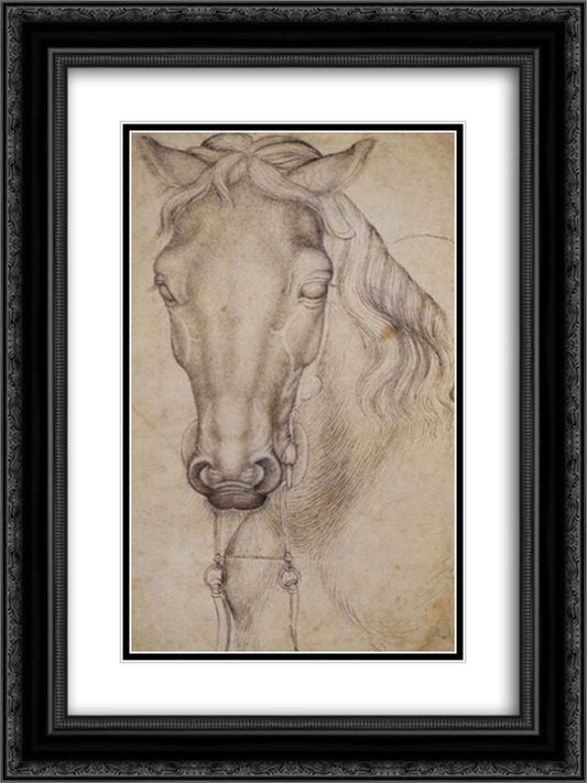 Study of the Head of a Horse 18x24 Black Ornate Wood Framed Art Print Poster with Double Matting by Pisanello