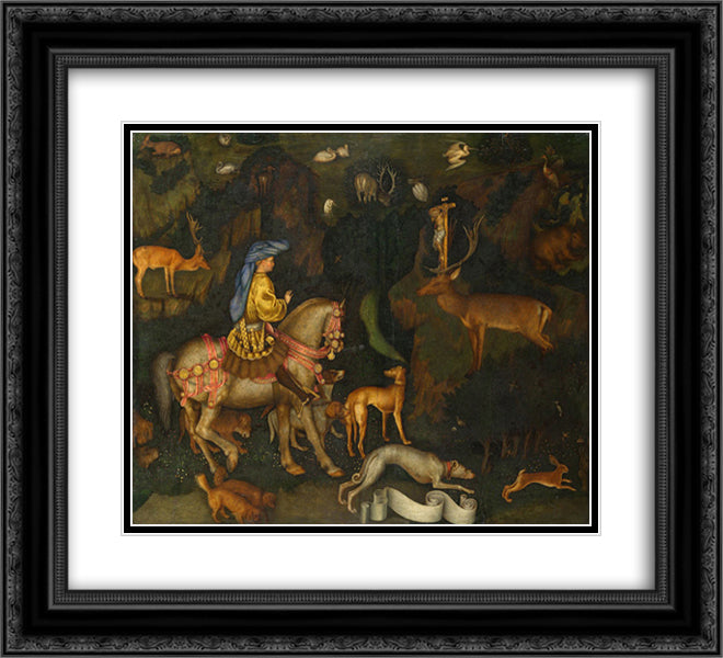 The Vision of Saint Eustace 22x20 Black Ornate Wood Framed Art Print Poster with Double Matting by Pisanello