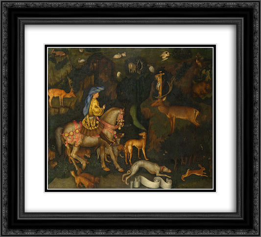 The Vision of Saint Eustace 22x20 Black Ornate Wood Framed Art Print Poster with Double Matting by Pisanello