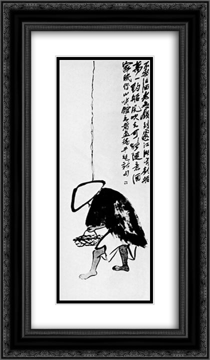 A fisherman with a fishing rod  14x24 Black Ornate Wood Framed Art Print Poster with Double Matting by Qi Baishi