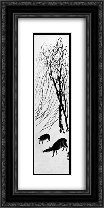 Buffalo with calf  12x24 Black Ornate Wood Framed Art Print Poster with Double Matting by Qi Baishi