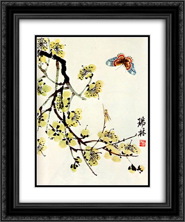 Butterfly and flowering plum  20x24 Black Ornate Wood Framed Art Print Poster with Double Matting by Qi Baishi