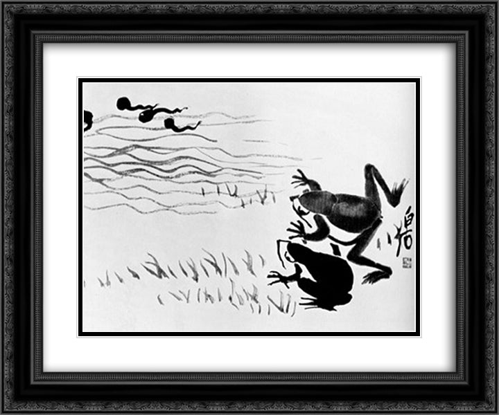 Frogs and tadpoles  24x20 Black Ornate Wood Framed Art Print Poster with Double Matting by Qi Baishi