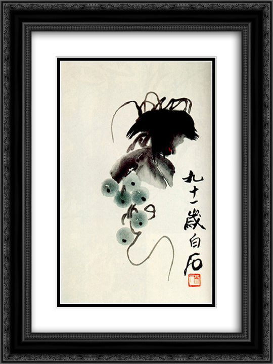 Grapes  18x24 Black Ornate Wood Framed Art Print Poster with Double Matting by Qi Baishi