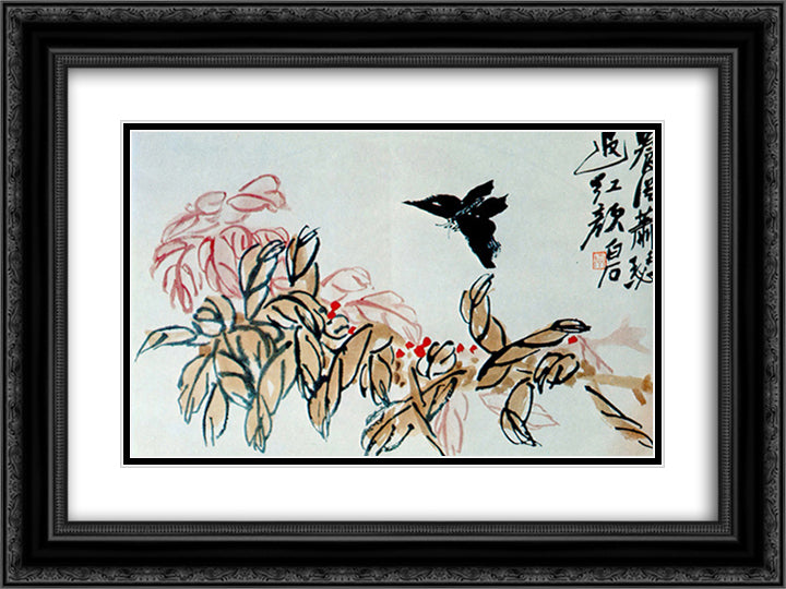 Impatiens and butterfly  24x18 Black Ornate Wood Framed Art Print Poster with Double Matting by Qi Baishi