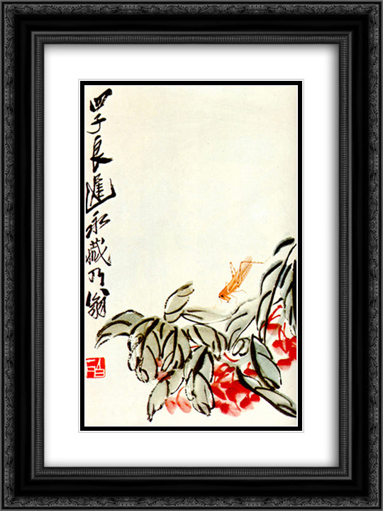 Impatiens and locusts  18x24 Black Ornate Wood Framed Art Print Poster with Double Matting by Qi Baishi